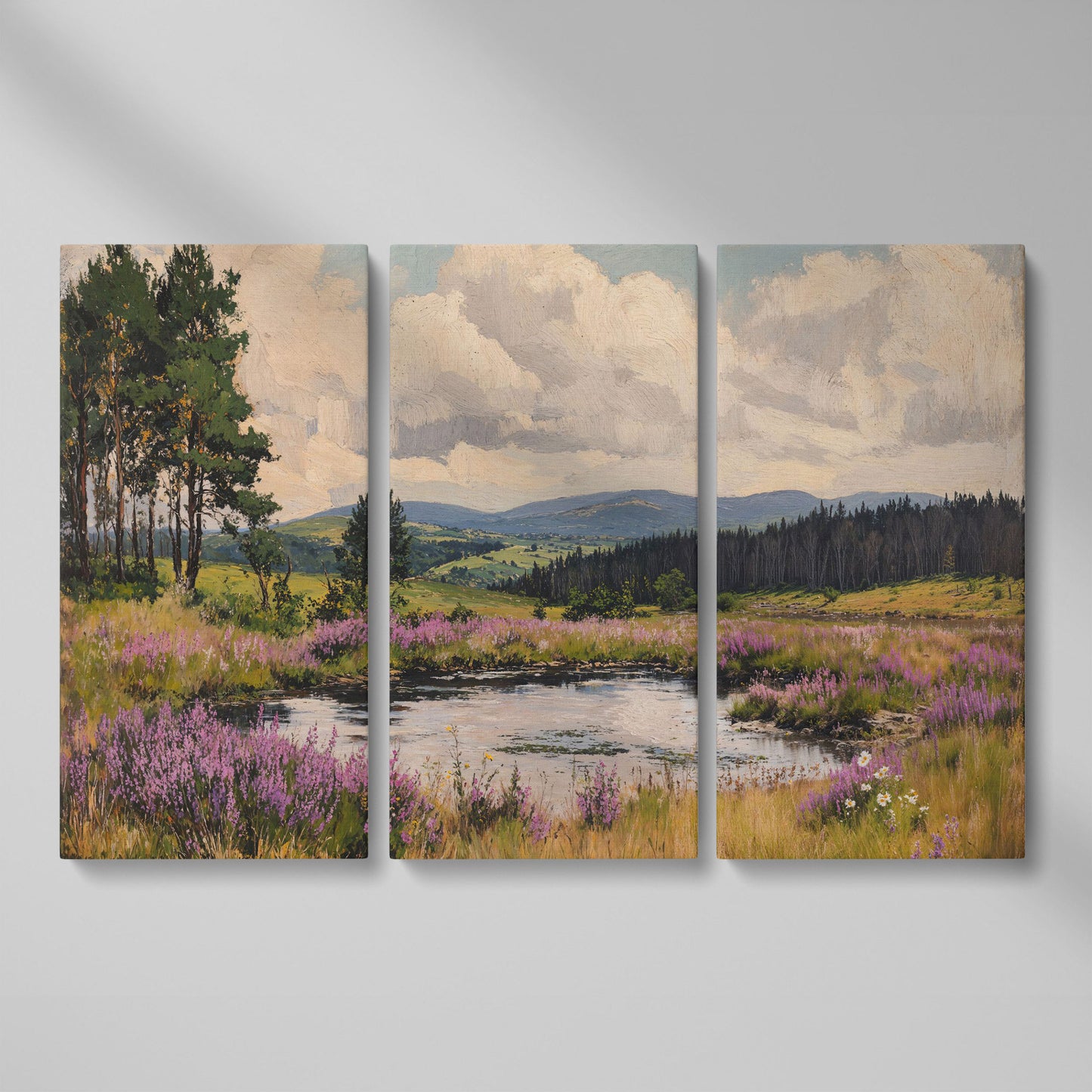 Serene Countryside Canvas Landscape in Sage and Lavender as 3-panel split version