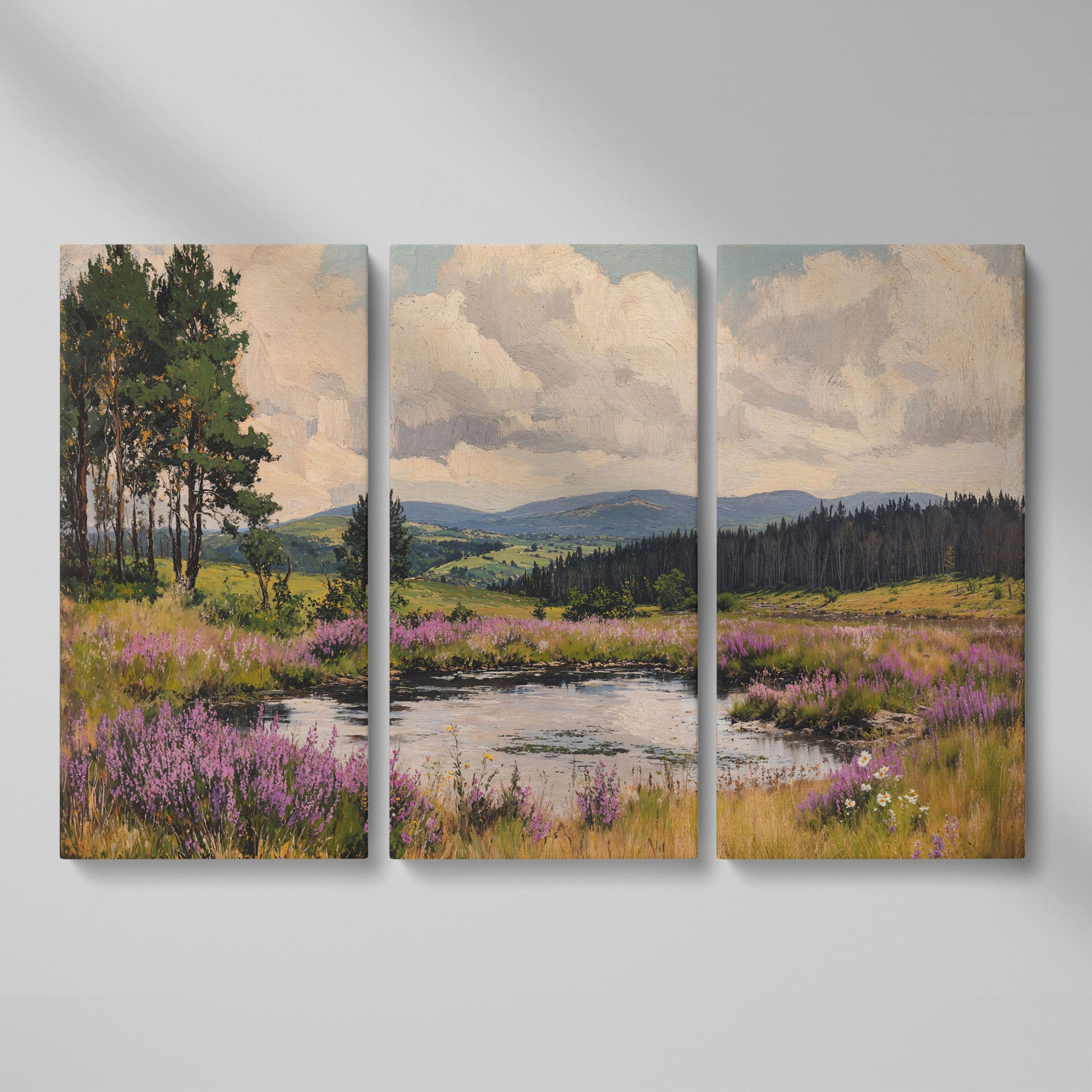 Serene Countryside Canvas Landscape in Sage and Lavender as 3-panel split version