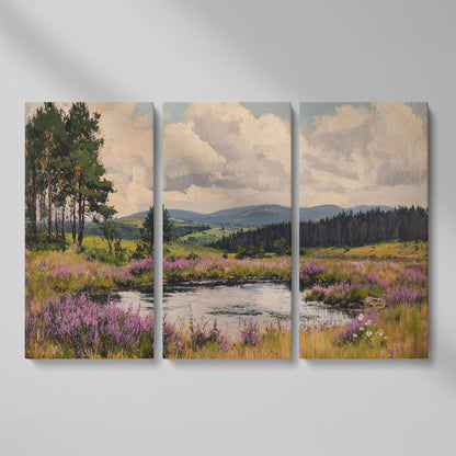 Serene Countryside Canvas Landscape in Sage and Lavender as 3-panel split version