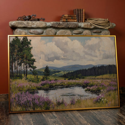 Serene Countryside Canvas Landscape in Sage and Lavender in antique gold floating frame