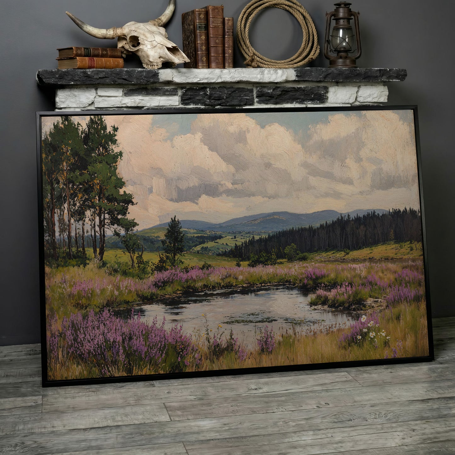 Serene Countryside Canvas Landscape in Sage and Lavender in black floating frame