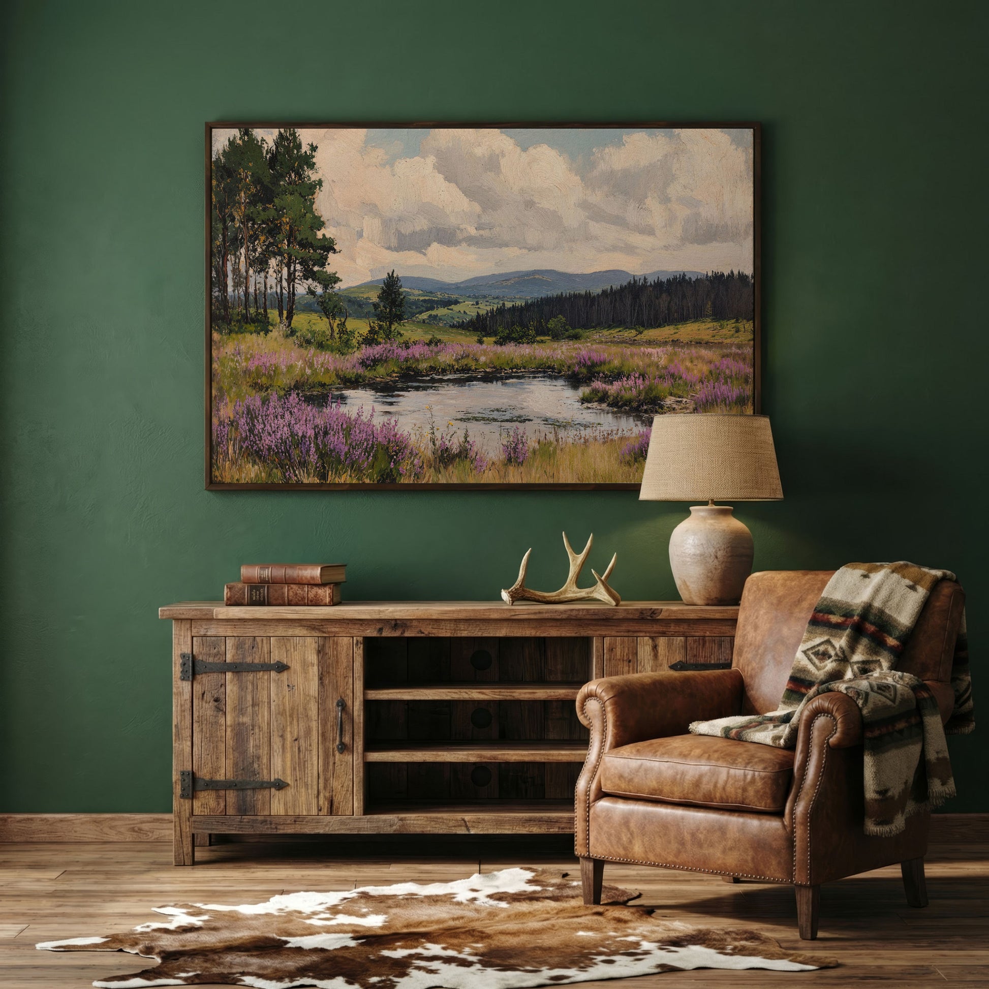 Serene Countryside Canvas Landscape in Sage and Lavender in dark walnut floating frame