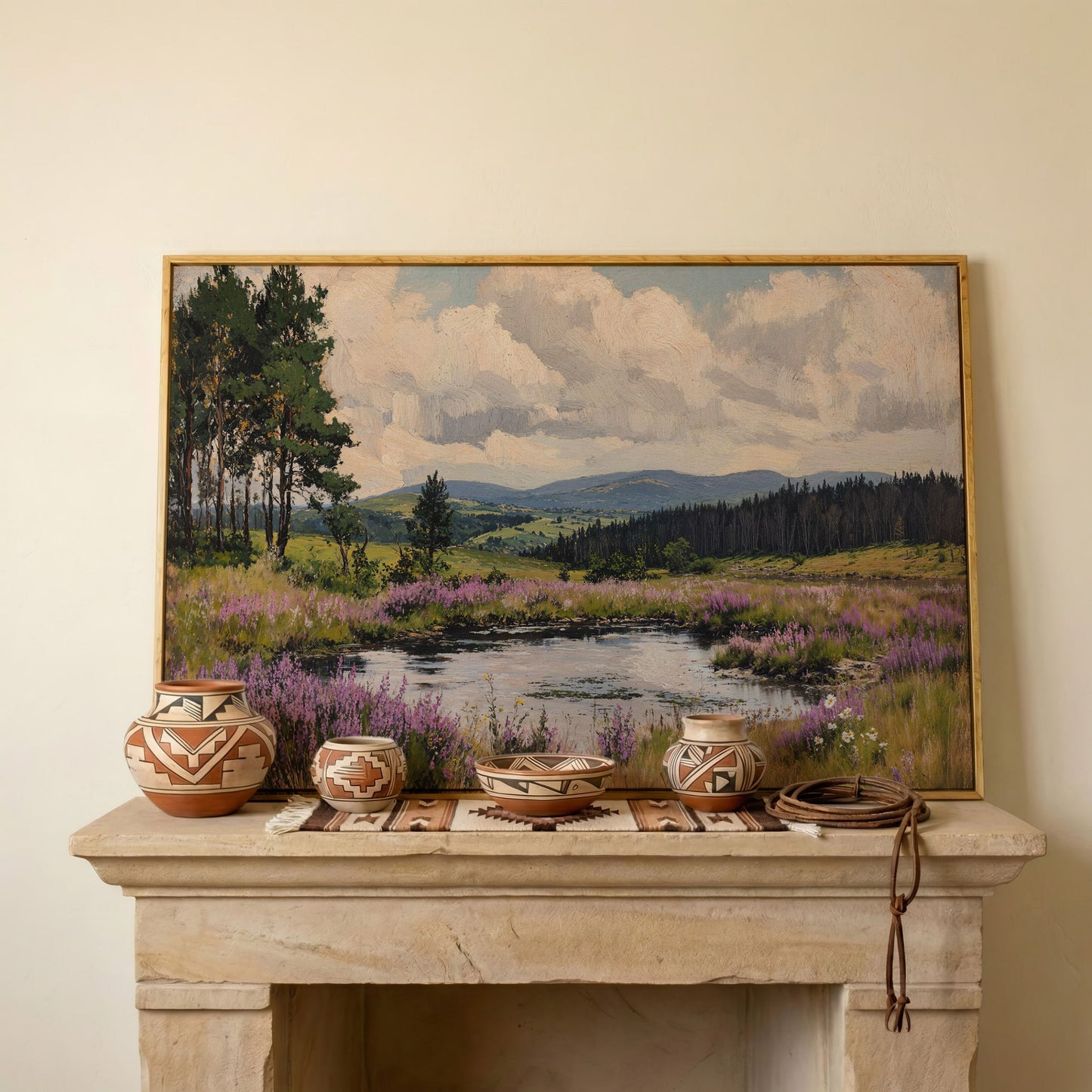 Serene Countryside Canvas Landscape in Sage and Lavender in white oak floating frame