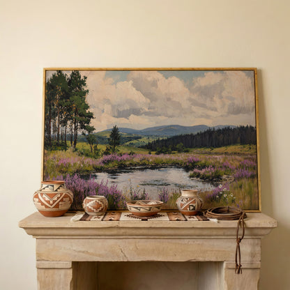 Serene Countryside Canvas Landscape in Sage and Lavender in white oak floating frame