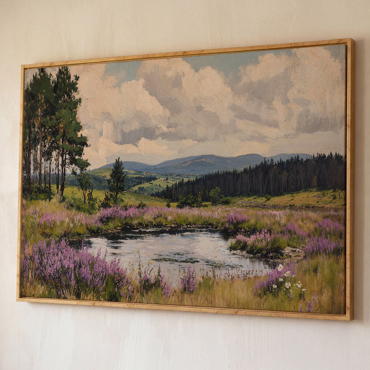 Serene Countryside Canvas Landscape in Sage and Lavender shown in white oak floating frame