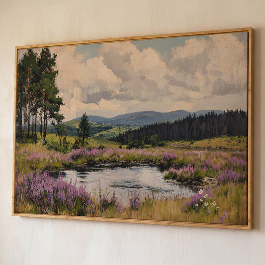 Serene Countryside Canvas Landscape in Sage and Lavender shown in white oak floating frame