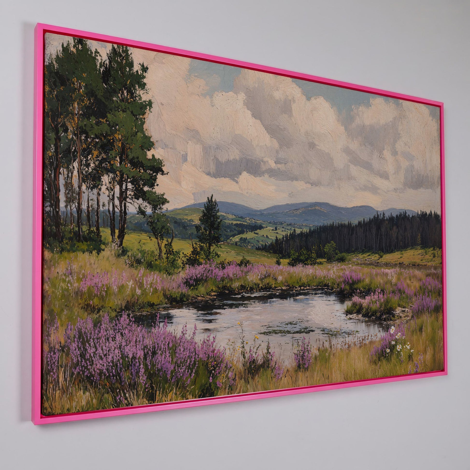 Serene Countryside Canvas Landscape in Sage and Lavender in pink floating frame