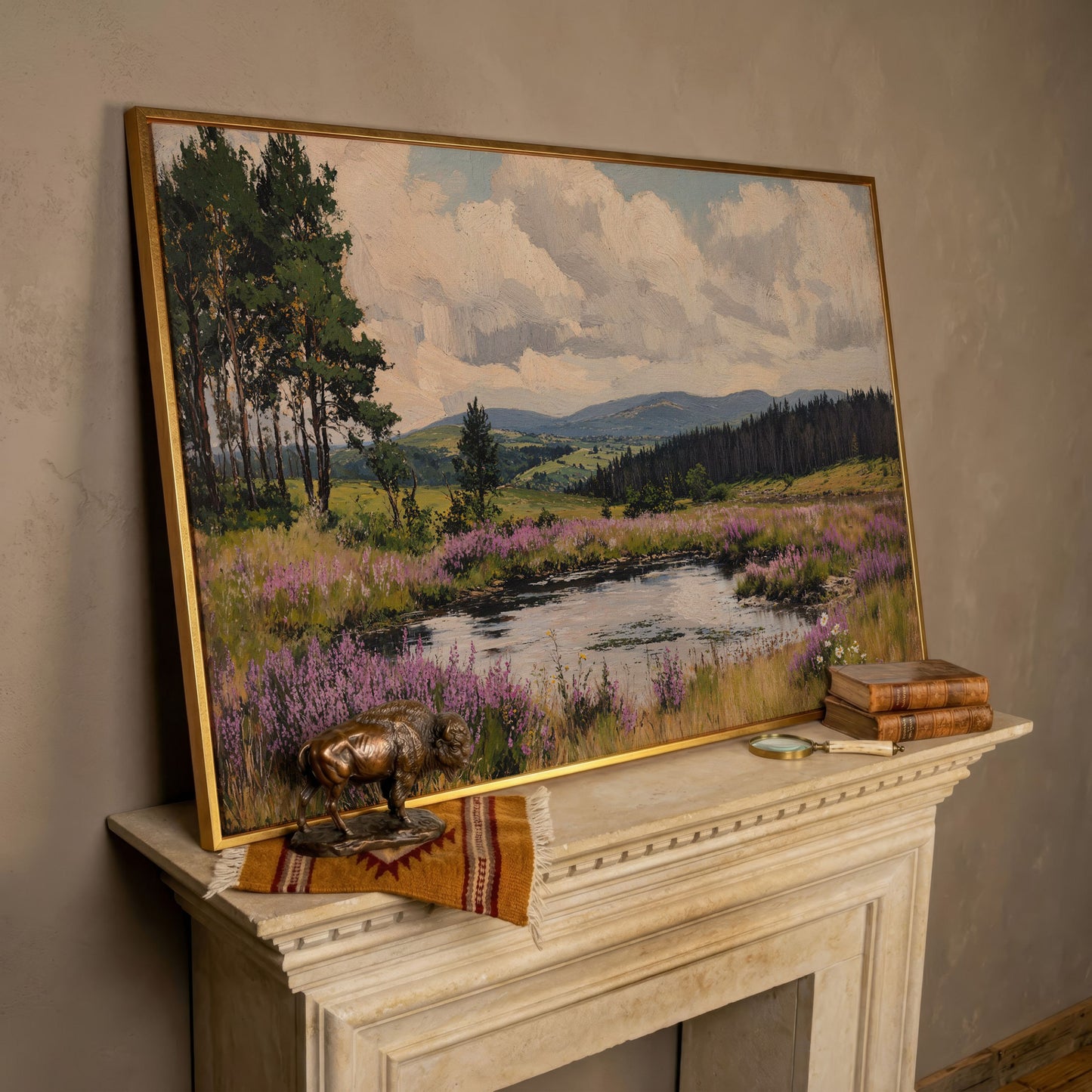 Serene Countryside Canvas Landscape in Sage and Lavender in rose gold floating frame