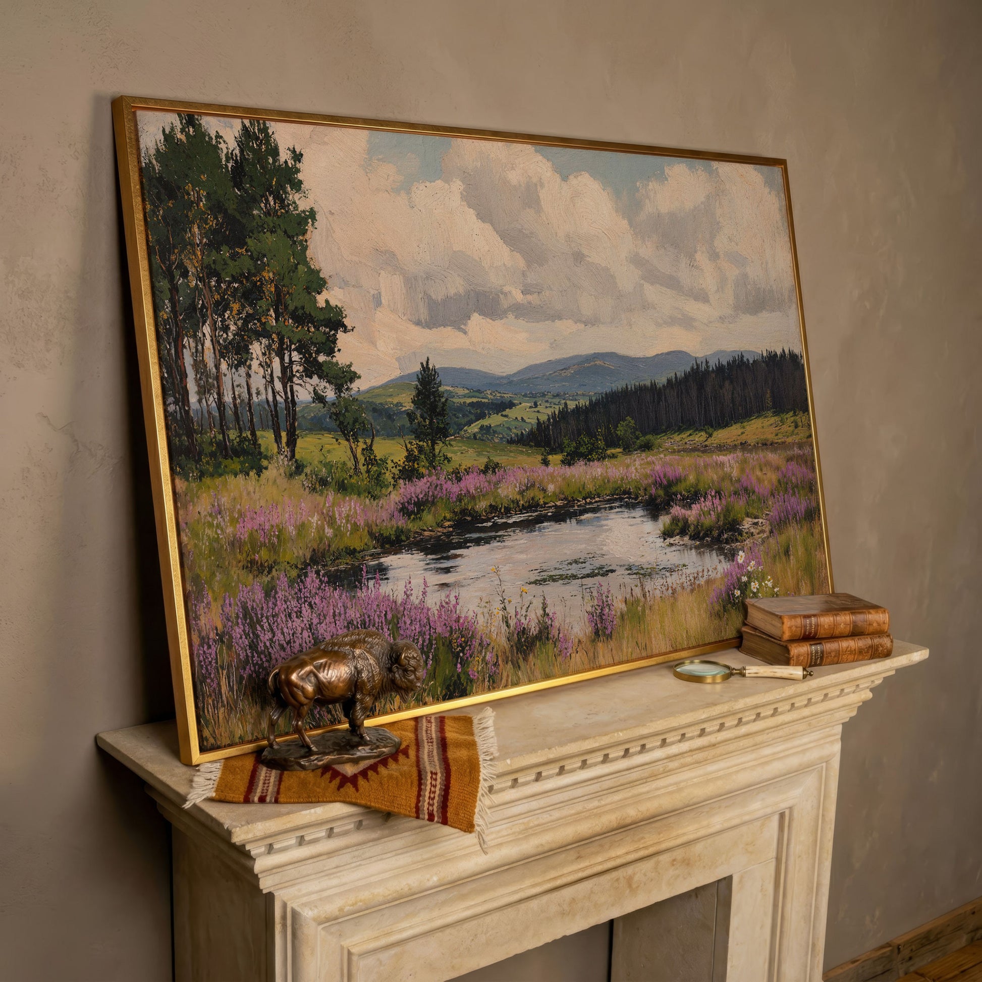 Serene Countryside Canvas Landscape in Sage and Lavender in rose gold floating frame