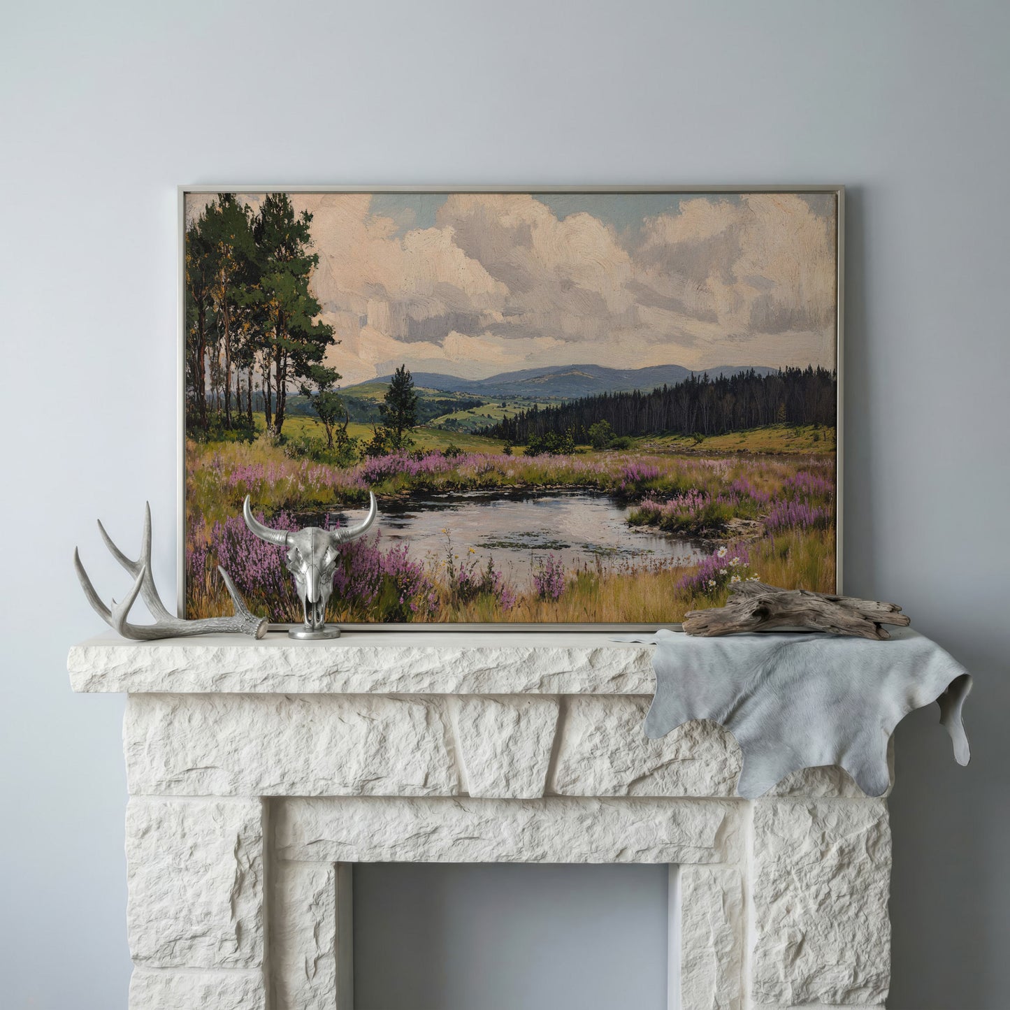 Serene Countryside Canvas Landscape in Sage and Lavender in silver floating frame