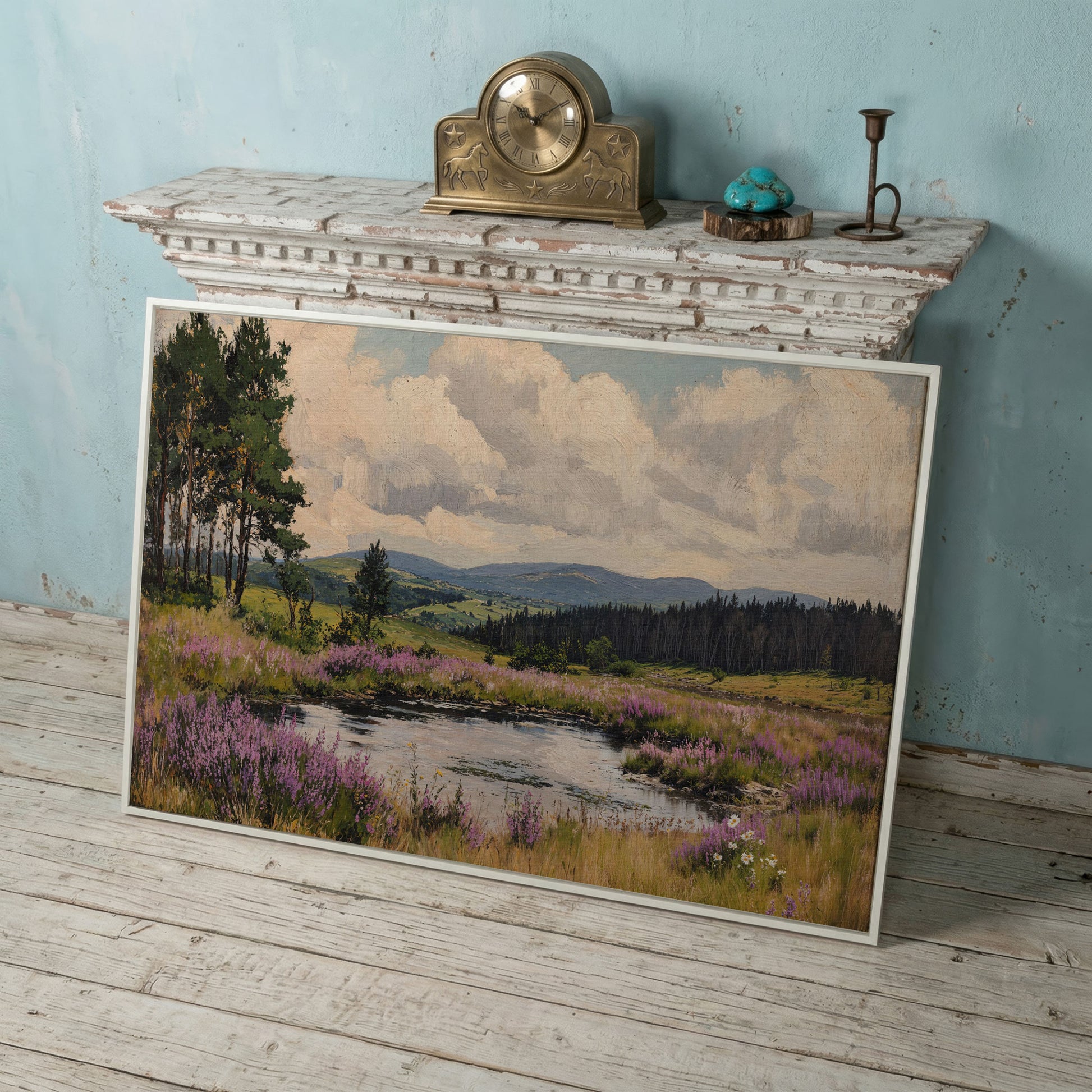 Serene Countryside Canvas Landscape in Sage and Lavender in white floating frame