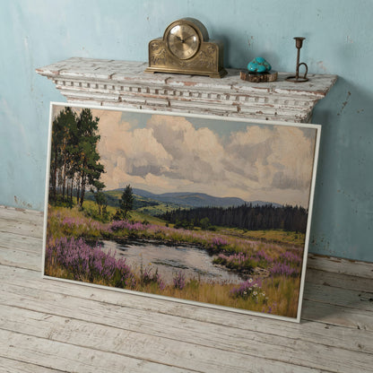 Serene Countryside Canvas Landscape in Sage and Lavender in white floating frame