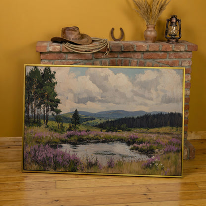 Serene Countryside Canvas Landscape in Sage and Lavender in yellow gold floating frame