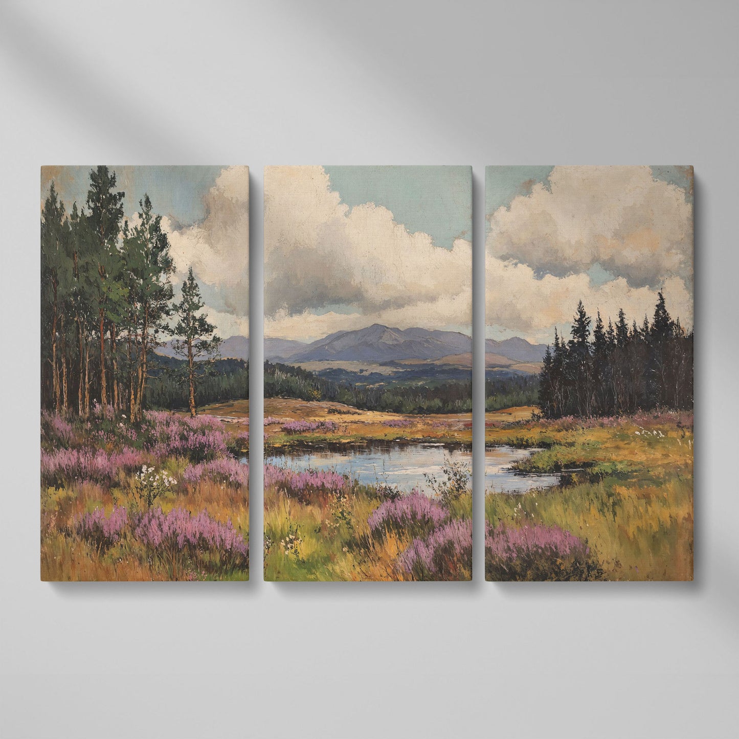 Heather Pond Landscape Canvas Print as 3-panel split version