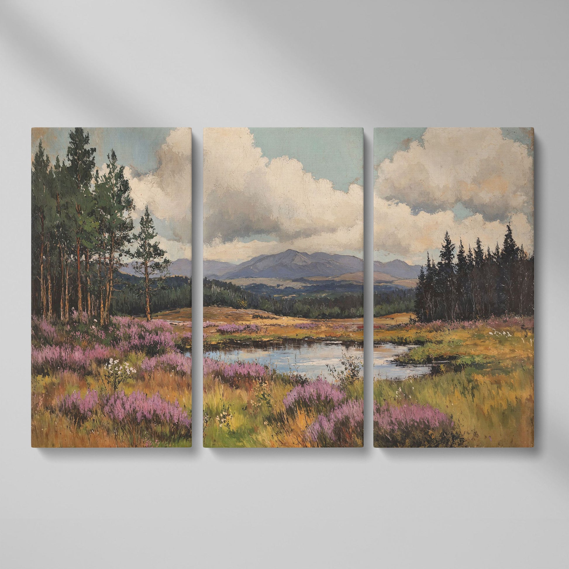 Heather Pond Landscape Canvas Print as 3-panel split version