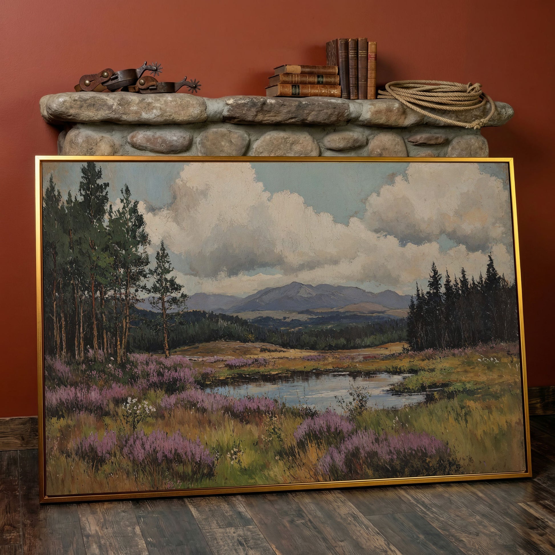 Heather Pond Landscape Canvas Print in antique gold floating frame