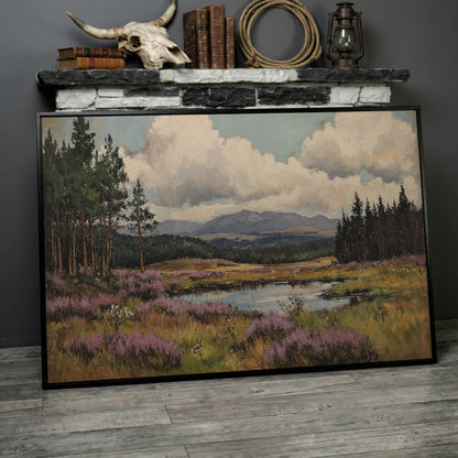 Heather Pond Landscape Canvas Print in black floating frame