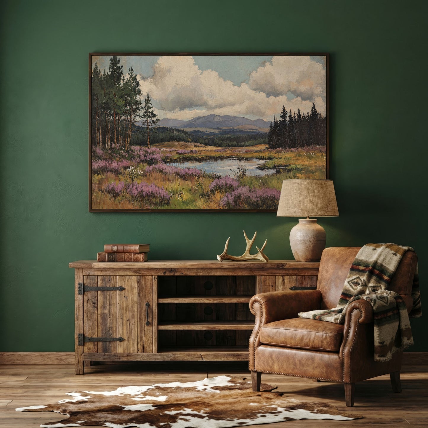 Heather Pond Landscape Canvas Print in dark walnut floating frame