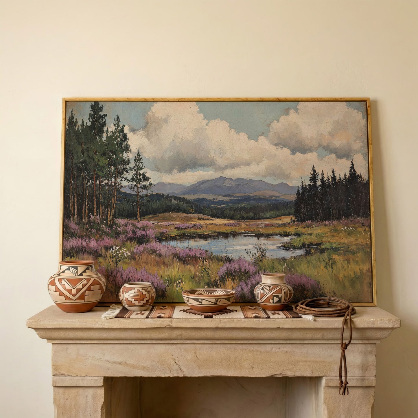 Heather Pond Landscape Canvas Print in white oak floating frame