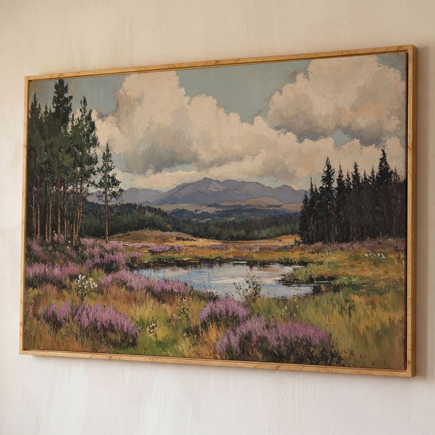 Heather Pond Landscape Canvas Print shown in white oak floating frame