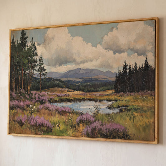 Heather Pond Landscape Canvas Print shown in white oak floating frame