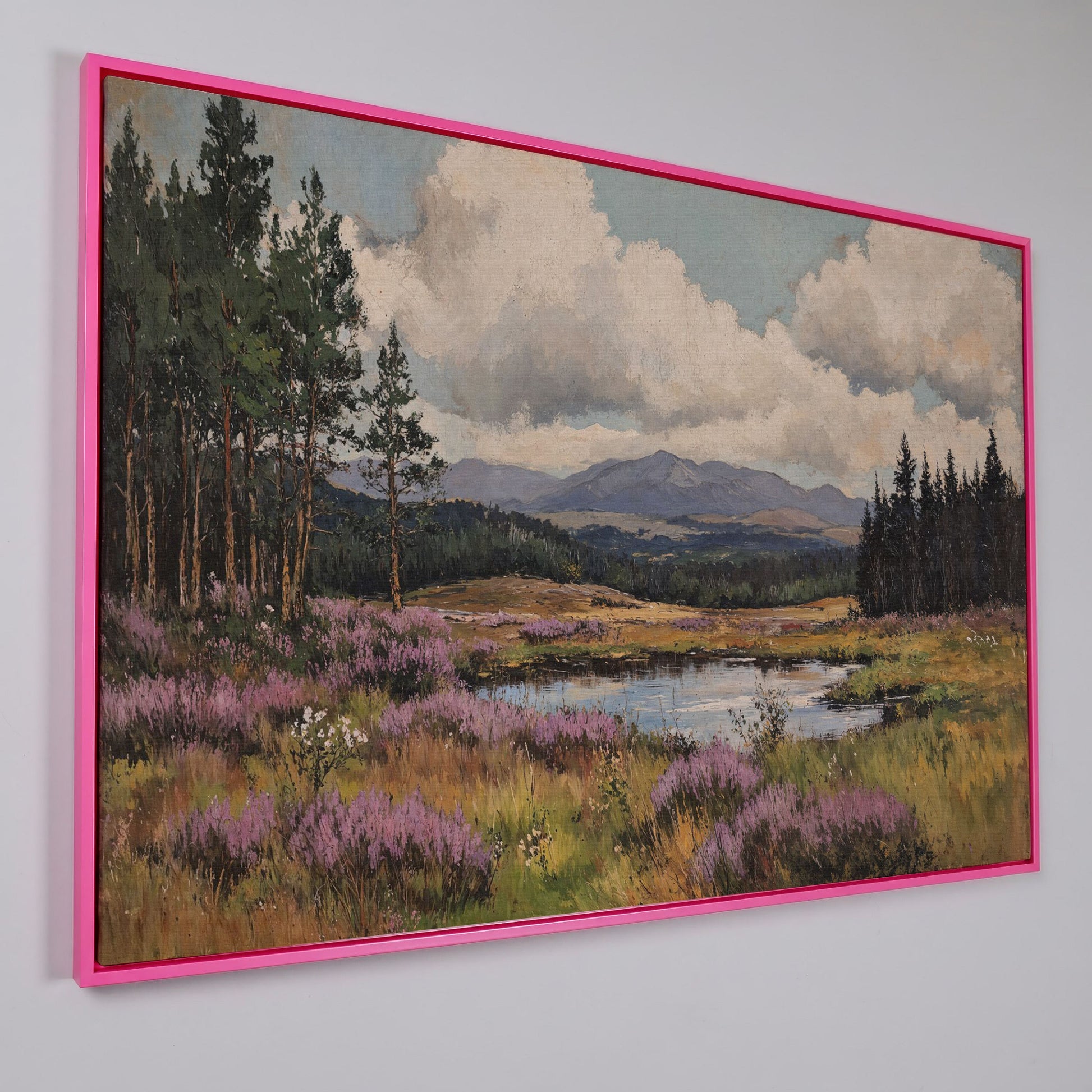 Heather Pond Landscape Canvas Print in pink floating frame