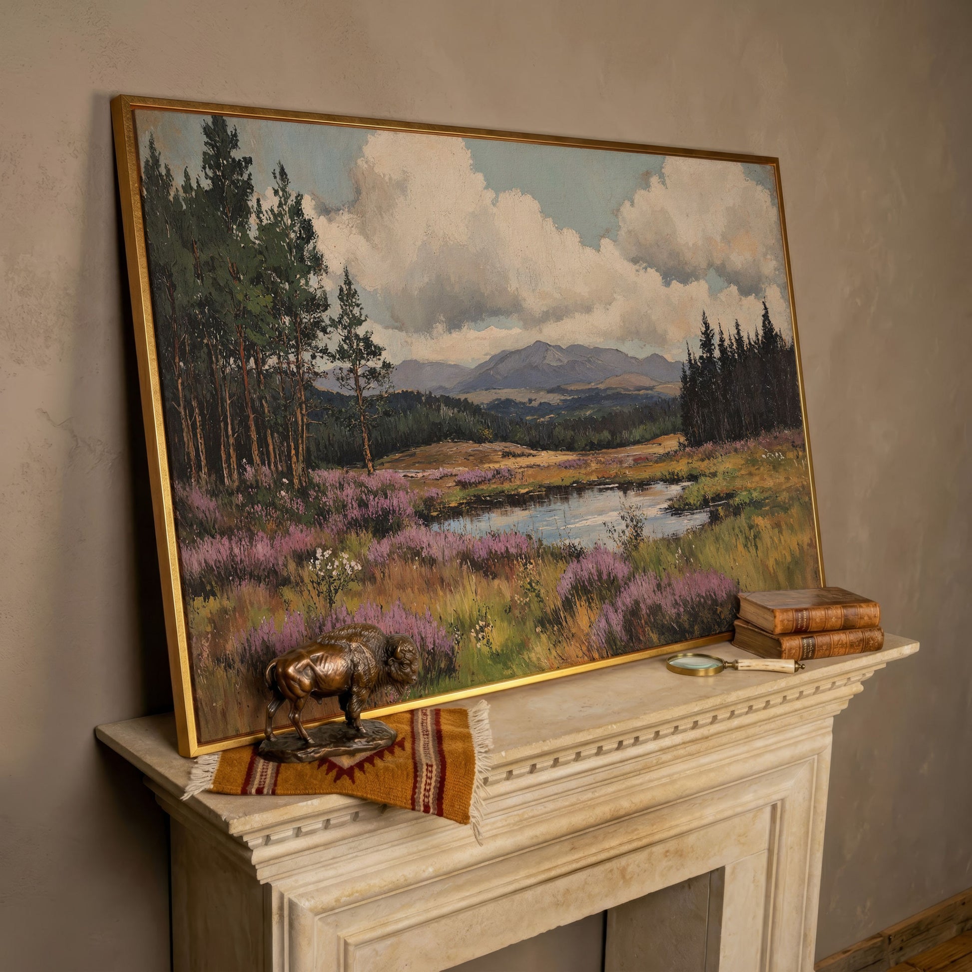 Heather Pond Landscape Canvas Print in rose gold floating frame