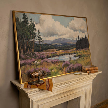 Heather Pond Landscape Canvas Print in rose gold floating frame