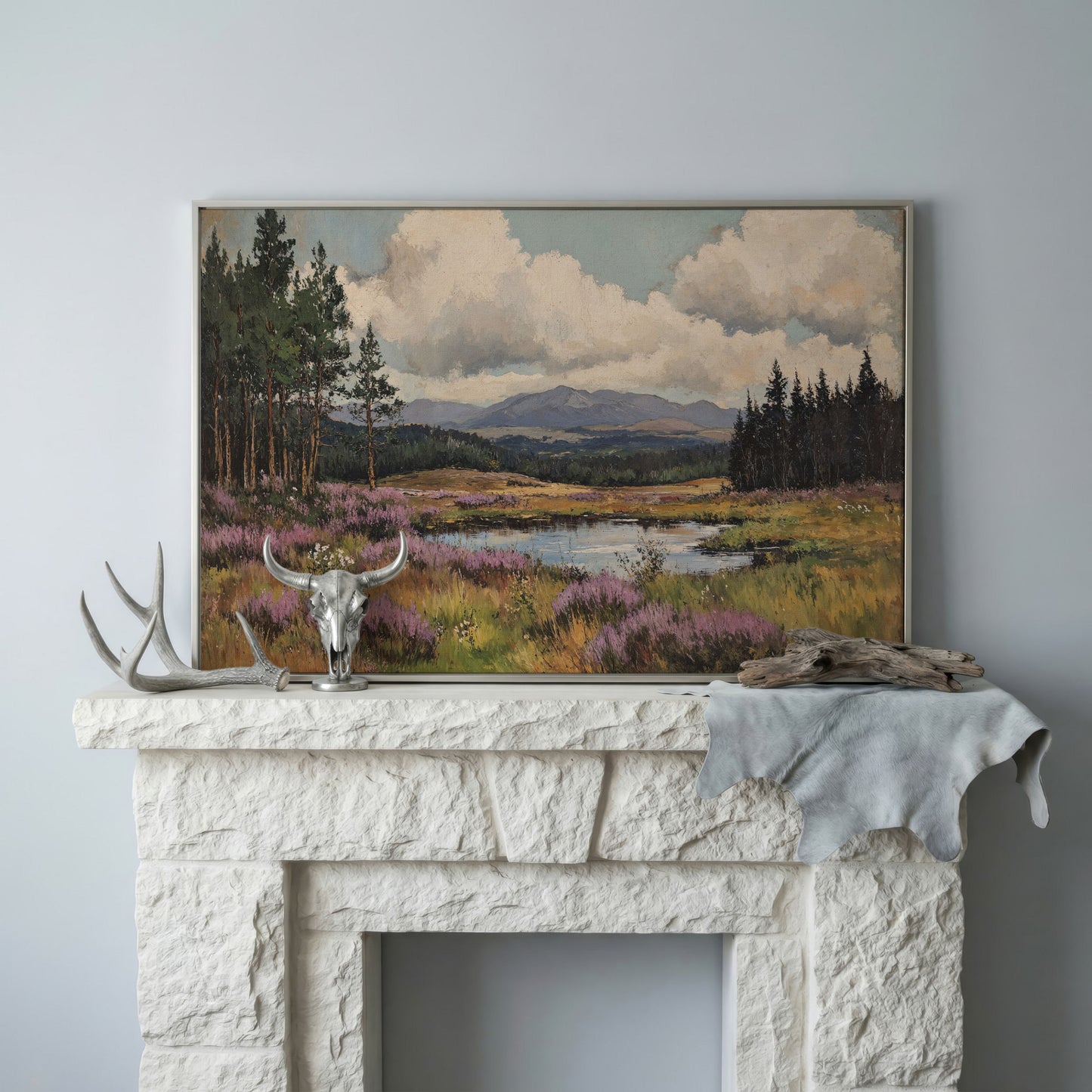 Heather Pond Landscape Canvas Print in silver floating frame