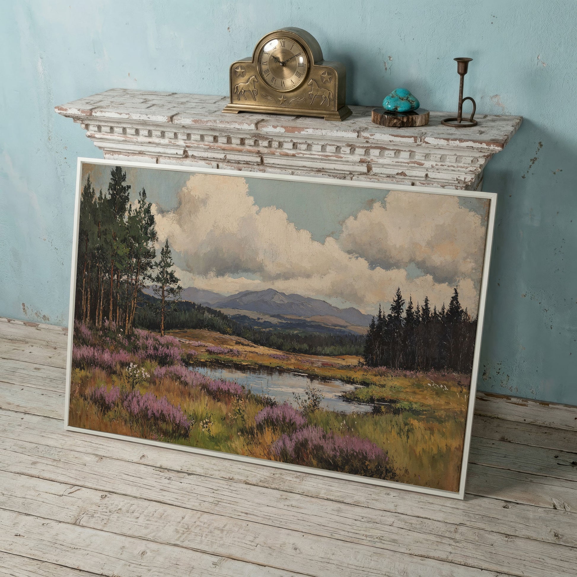 Heather Pond Landscape Canvas Print in white floating frame