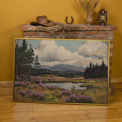 Heather Pond Landscape Canvas Print in yellow gold floating frame
