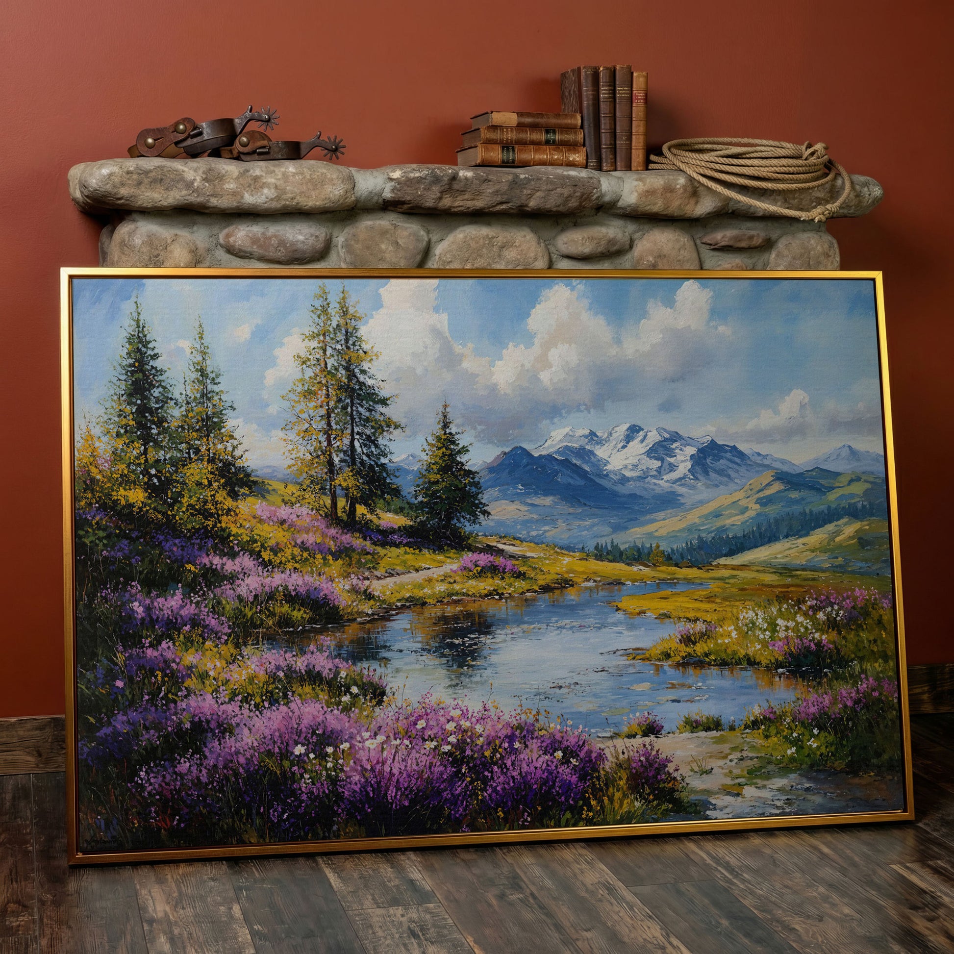 Wildflower Meadow River Landscape Canvas in antique gold floating frame