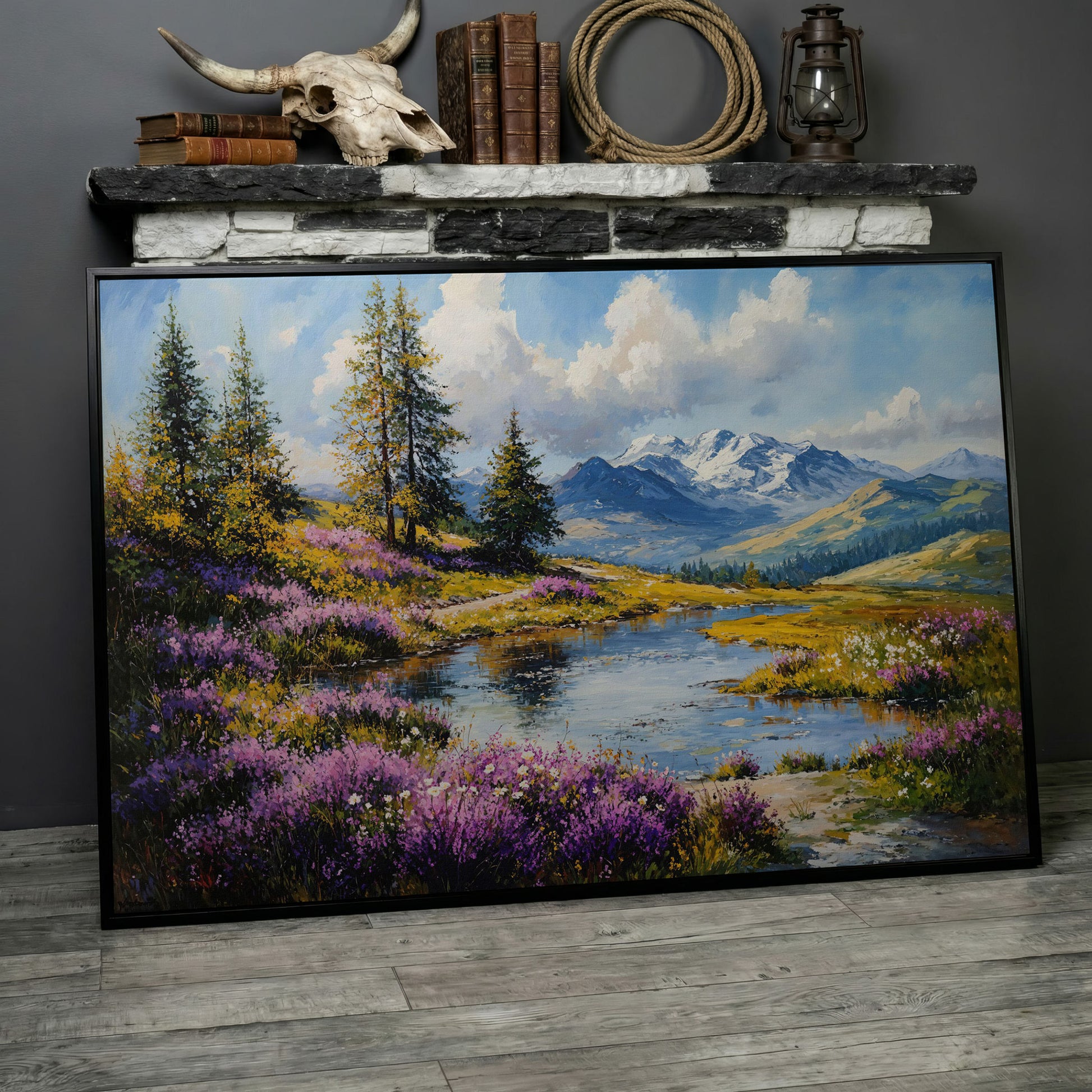 Wildflower Meadow River Landscape Canvas in black floating frame