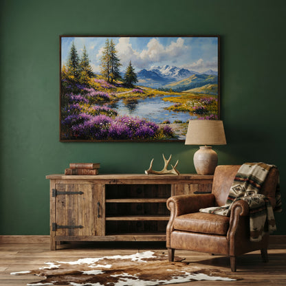 Wildflower Meadow River Landscape Canvas in dark walnut floating frame