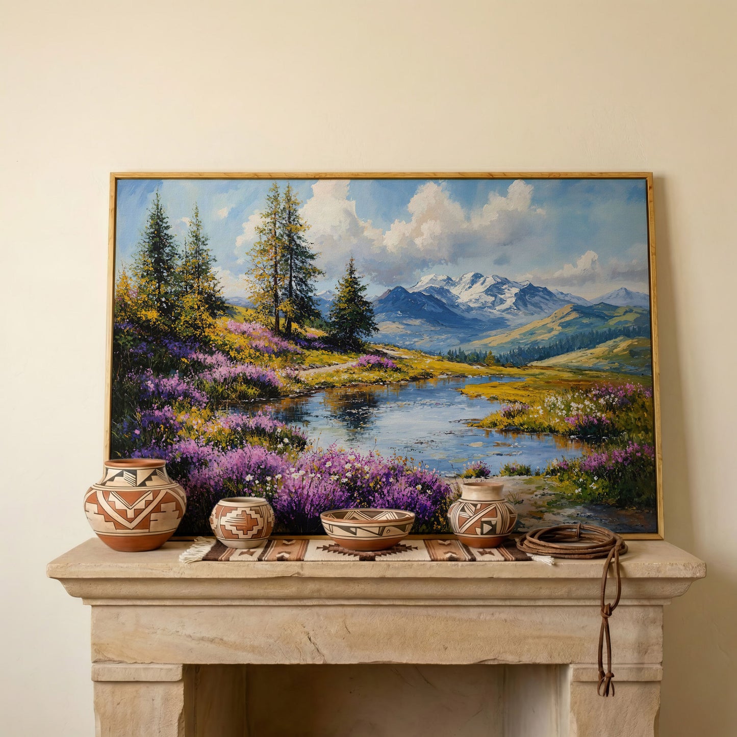 Wildflower Meadow River Landscape Canvas in white oak floating frame