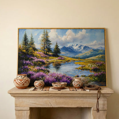 Wildflower Meadow River Landscape Canvas in white oak floating frame