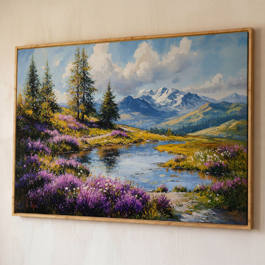 Wildflower Meadow River Landscape Canvas shown in white oak floating frame