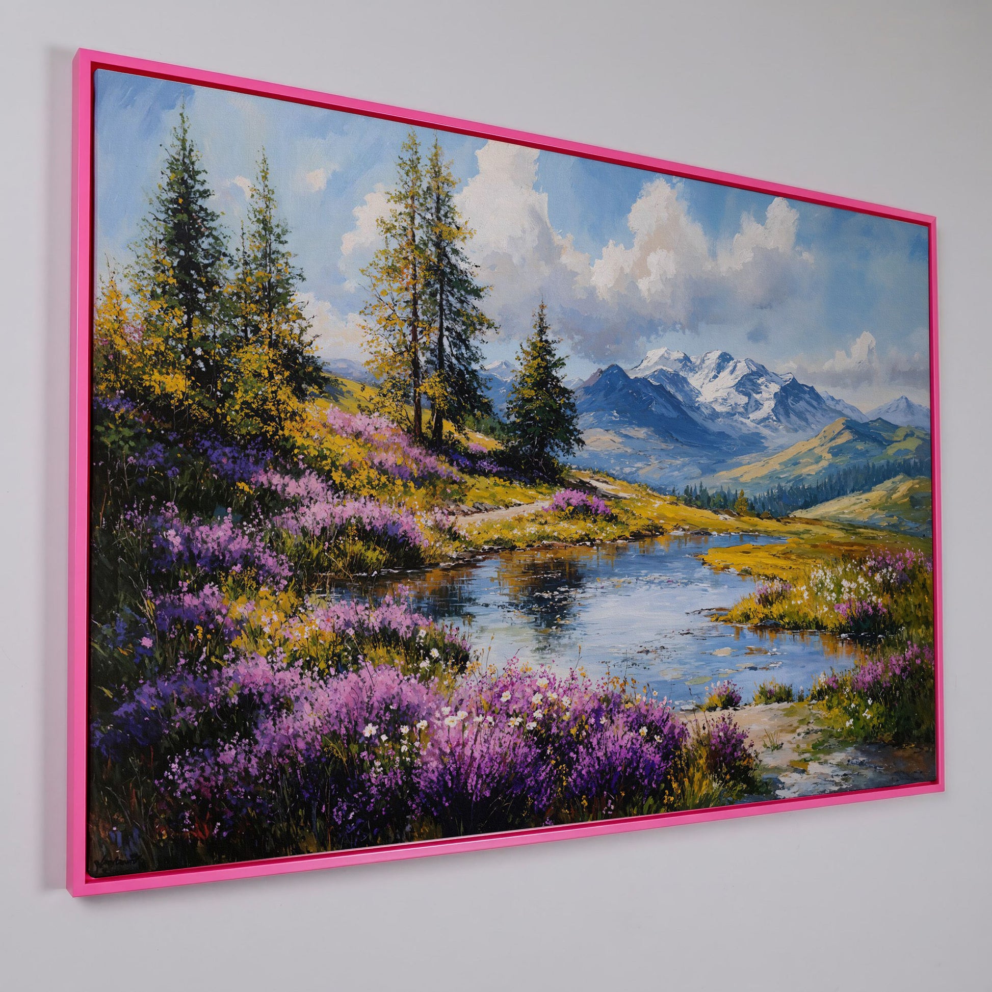 Wildflower Meadow River Landscape Canvas in pink floating frame