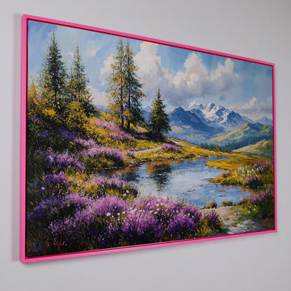 Wildflower Meadow River Landscape Canvas in pink floating frame