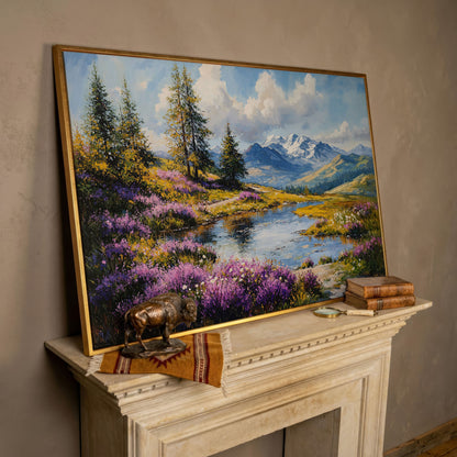 Wildflower Meadow River Landscape Canvas in rose gold floating frame
