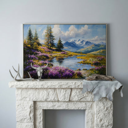 Wildflower Meadow River Landscape Canvas in silver floating frame