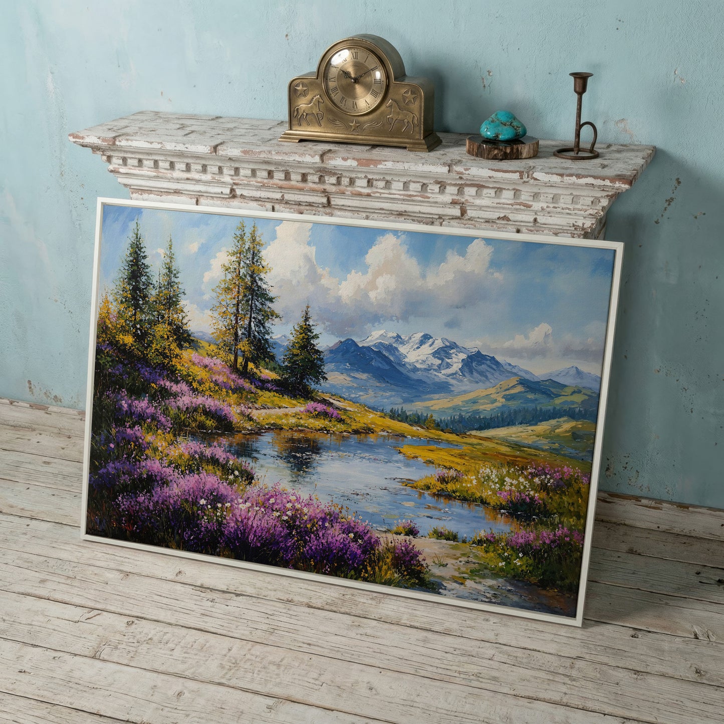 Wildflower Meadow River Landscape Canvas in white floating frame