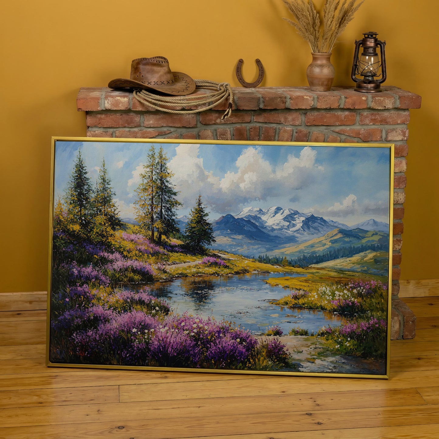 Wildflower Meadow River Landscape Canvas in yellow gold floating frame