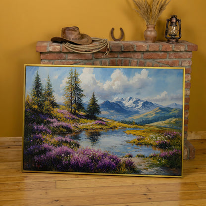 Wildflower Meadow River Landscape Canvas in yellow gold floating frame