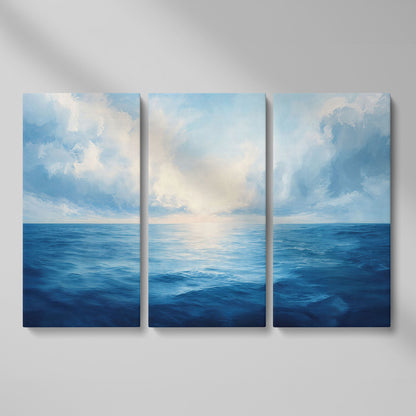 Ocean Seascape Canvas. Cerulean Sky and Still Water. as 3-panel split version