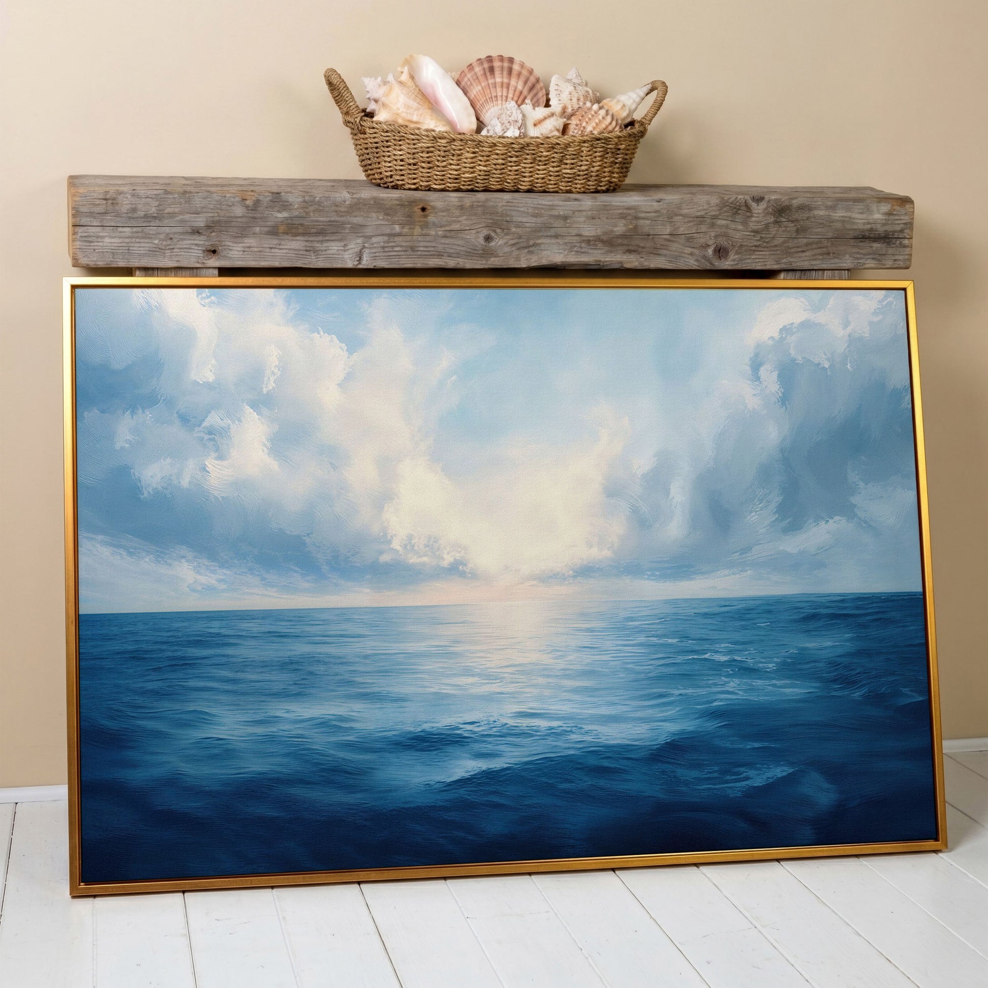 Ocean Seascape Canvas. Cerulean Sky and Still Water. in antique gold floating frame