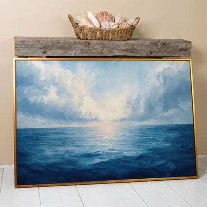 Ocean Seascape Canvas. Cerulean Sky and Still Water. in antique gold floating frame