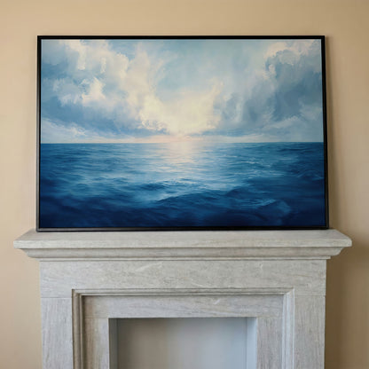 Ocean Seascape Canvas. Cerulean Sky and Still Water. in black floating frame