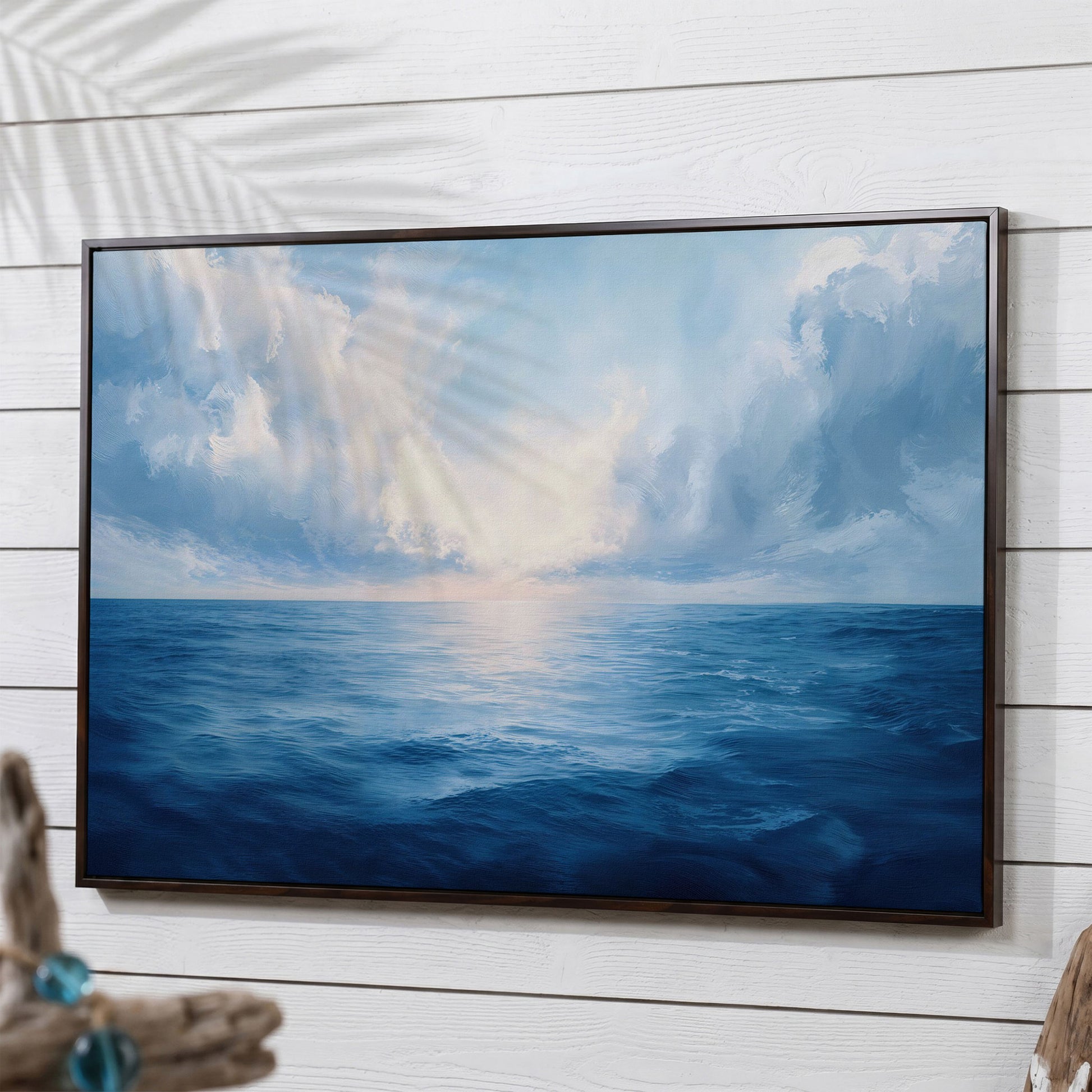 Ocean Seascape Canvas. Cerulean Sky and Still Water. in dark walnut floating frame