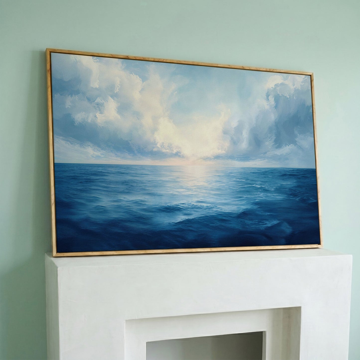 Ocean Seascape Canvas. Cerulean Sky and Still Water. in white oak floating frame
